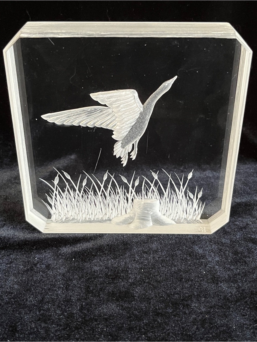 Vintage Ronald Fox Etched Lucite Acrylic Duck Goose in Flight Flying Signed